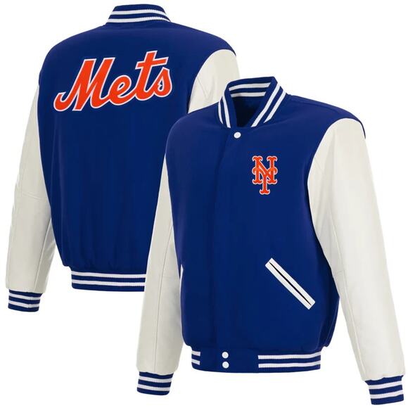New York NY Mets Reversible Fleece Jacket with Faux Leather Sleeves - Picture 1 of 7